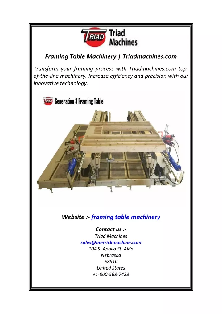 framing table machinery triadmachines com