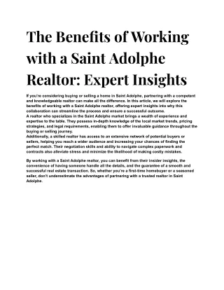 The Benefits of Working with a Saint Adolphe Realtor_ Expert Insights
