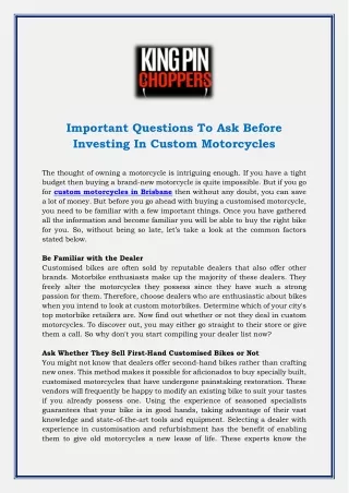 Important Questions To Ask Before Investing In Custom Motorcycles