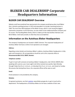 BLEKER CAR DEALERSHIP Corporate Headquarters Information