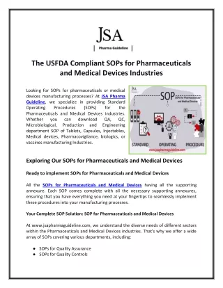 The USFDA Compliant SOPs for Pharmaceuticals and Medical Devices Industries