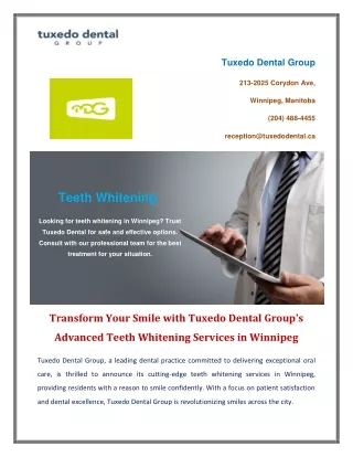 Transform Your Smile with Tuxedo Dental Group's Advanced Teeth Whitening Services in Winnipeg