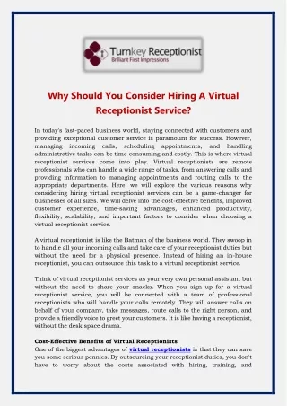 Why Should You Consider Hiring A Virtual Receptionist Service