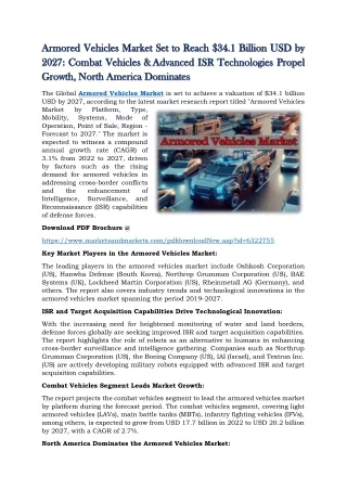 Armored Vehicles Market Set to Reach $34.1 Billion USD by 2027