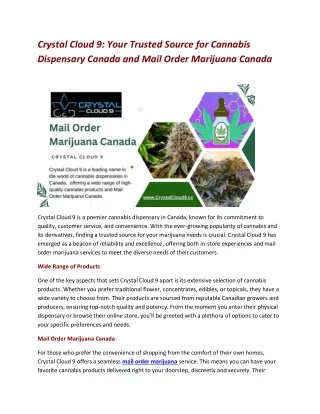 Crystal Cloud 9 - Your Trusted Source for Cannabis Dispensary Canada and Mail Order Marijuana Canada