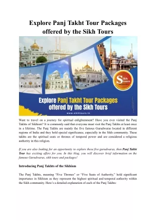 Explore Panj Takht Tour Packages offered by the Sikh Tours