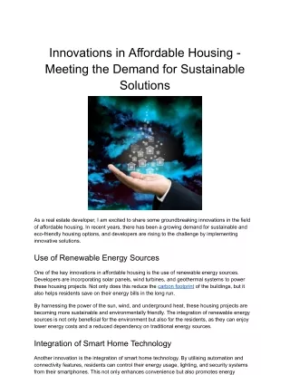 Innovations in Affordable Housing - Meeting the Demand for Sustainable Solutions