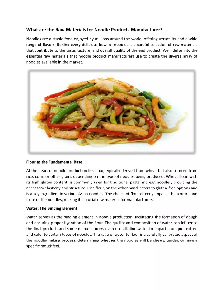 what are the raw materials for noodle products