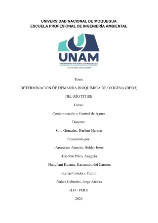 DETERMINACIÓN DE DEMANDA BIOQUÍMICA DE OXIGENA (DBO5) DEL RÍO TITIRE