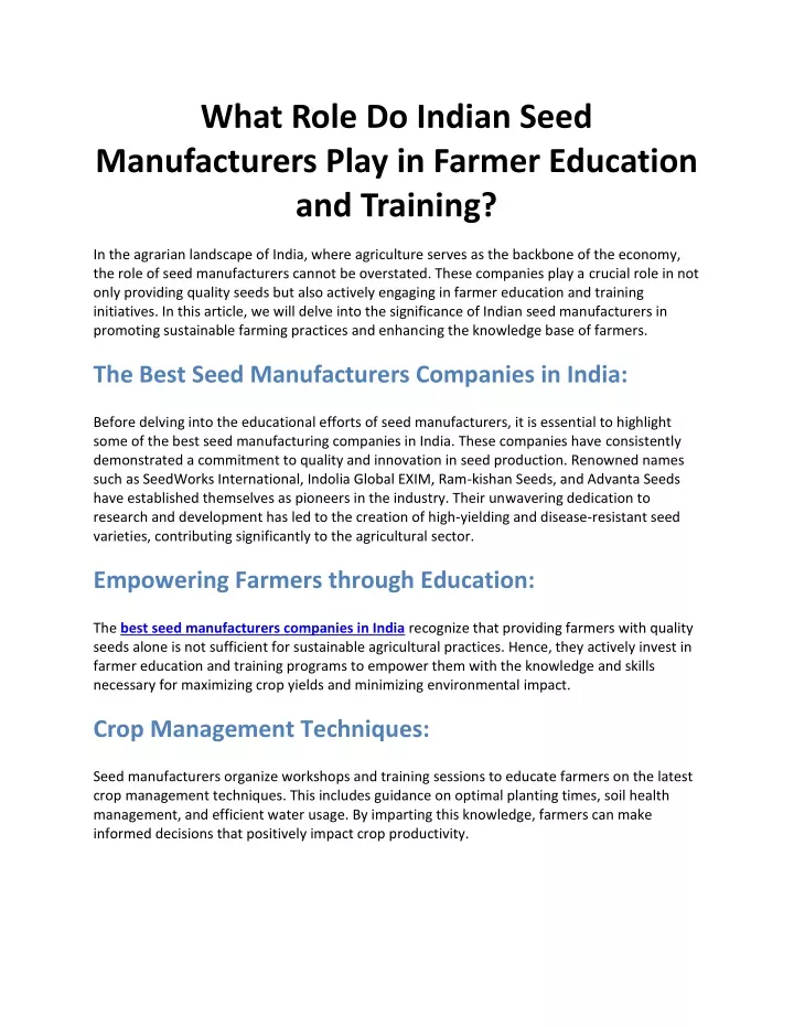 what role do indian seed manufacturers play