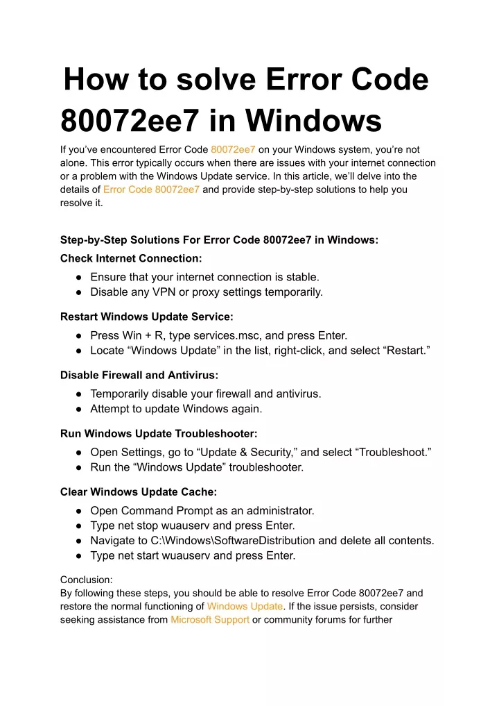 how to solve error code 80072ee7 in windows