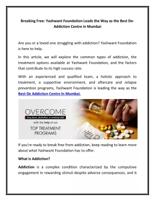 Breaking Free Yashwant Foundation Leads the Way as the Best De-Addiction Centre in Mumbai