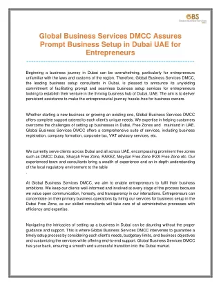 Global Business Services DMCC Assures Prompt Business Setup in Dubai UAE for Entrepreneurs