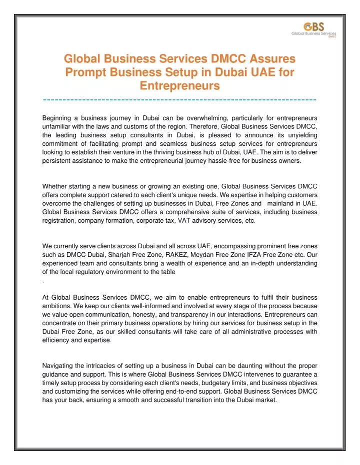 global business services dmcc assures prompt