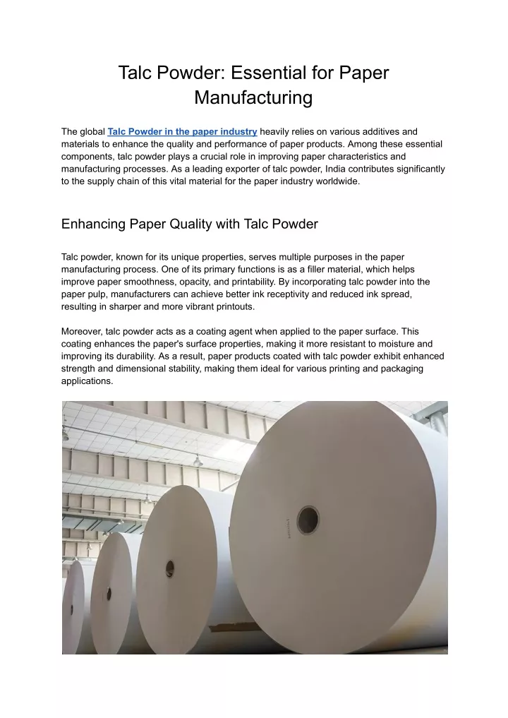 talc powder essential for paper manufacturing