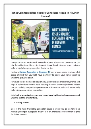 What Common Issues Require Generator Repair in Houston Homes