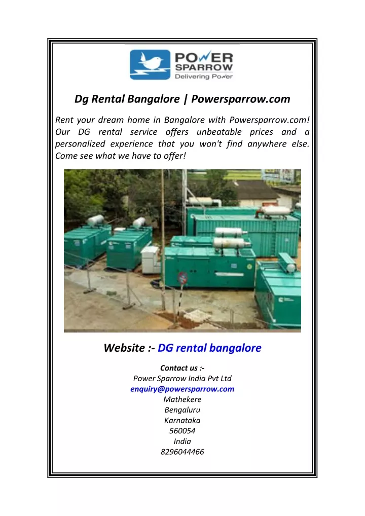 dg rental bangalore powersparrow com