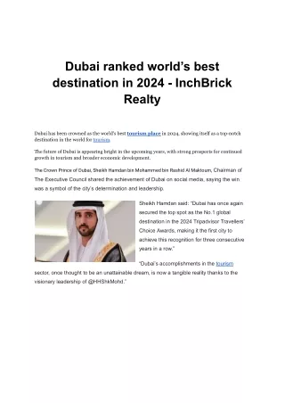 Dubai  Dubai Achieves Global Recognition as the Top Tourism Place in 2024world’s best destination in 2024 - InchBrick