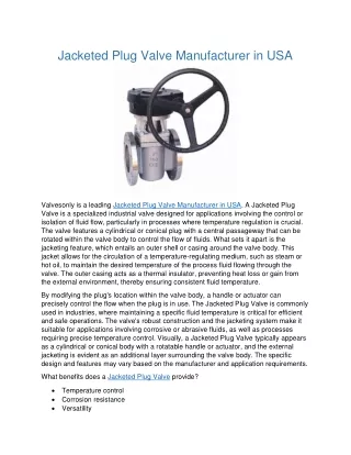 Jacketed Plug Valve Manufacturer in USA