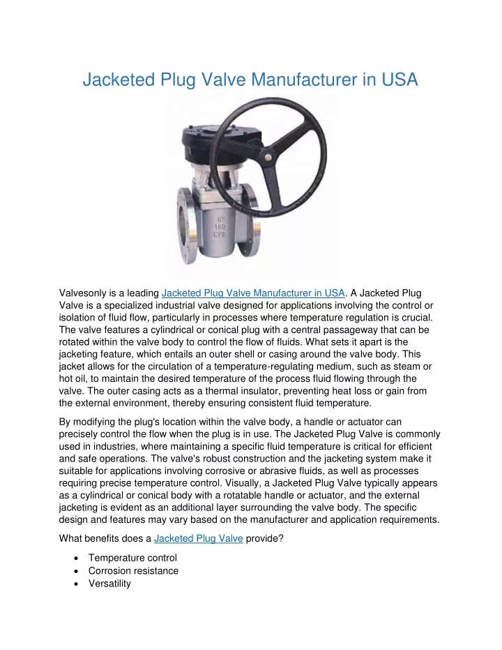 jacketed plug valve manufacturer in usa