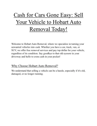 Cash for Cars Gone Easy Sell Your Vehicle to Hobart Auto Removal Today!