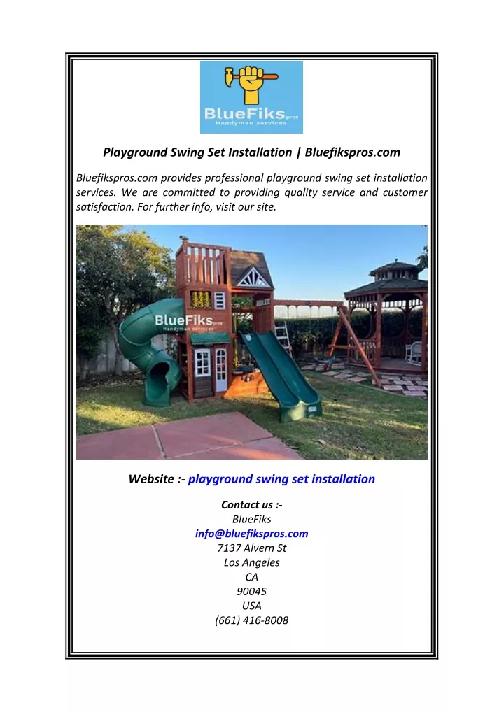 playground swing set installation bluefikspros com