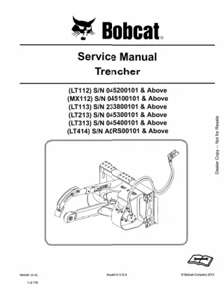 Bobcat LT113 Trencher Service Repair Manual SN 233800101 And Above