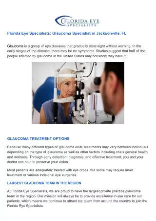 Leading Glaucoma Specialist in Jacksonville, FL - Florida Eye Specialists