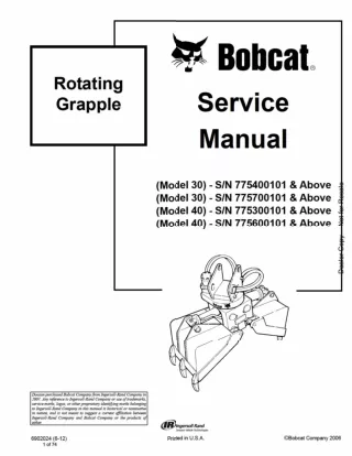 Bobcat Model 30 Rotating Grapple Service Repair Manual SN 775700101 And Above