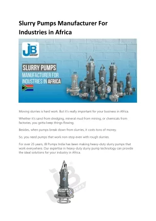Slurry Pumps Manufacturer For Industries in Africa