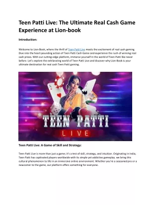 Teen Patti Live: The Ultimate Real Cash Game Experience at Lion-book