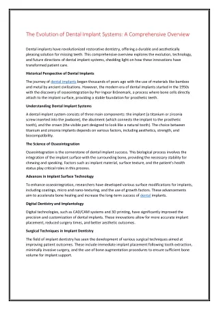The Evolution of Dental Implant Systems