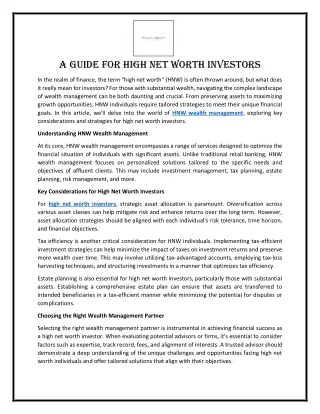 A Guide for High Net Worth Investors