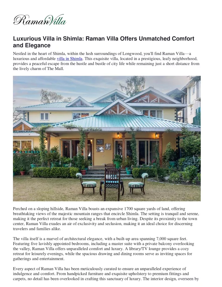 luxurious villa in shimla raman villa offers