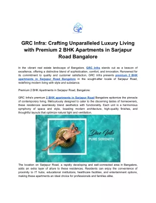 GRC Infra - Crafting Unparalleled Luxury Living with Premium 2 BHK Apartments on Sarjapur Road Bangalore