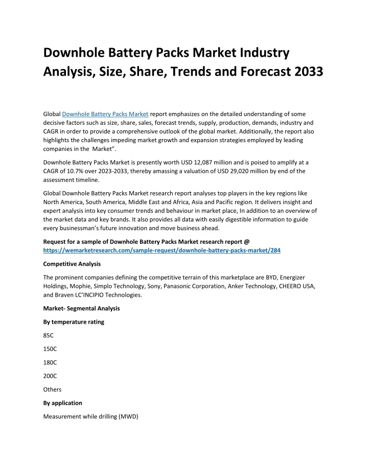 downhole battery packs market industry analysis