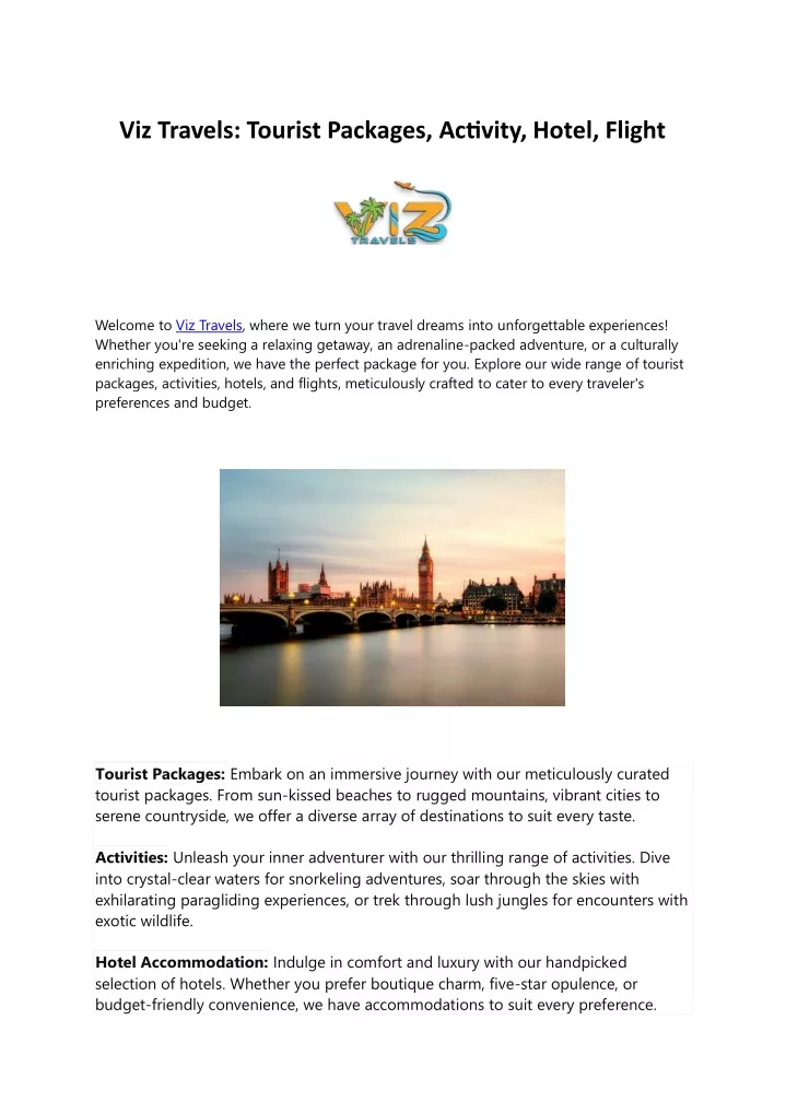 viz travels tourist packages activity hotel flight