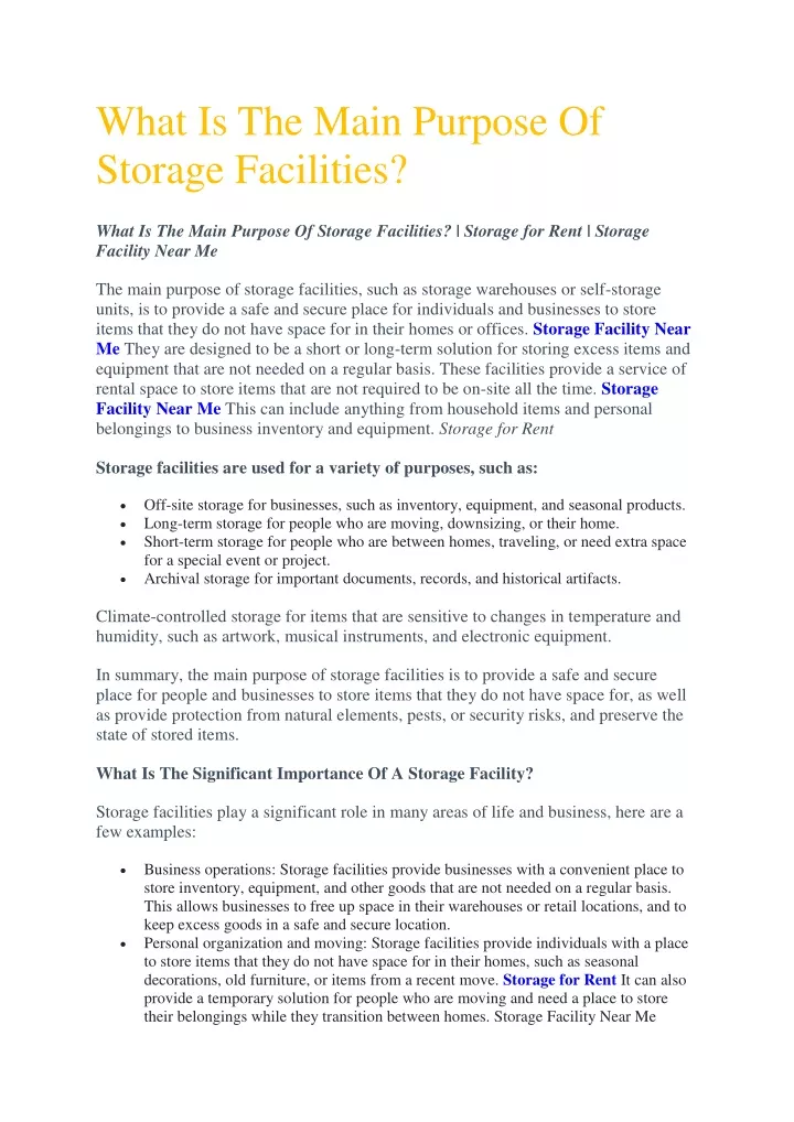 what is the main purpose of storage facilities