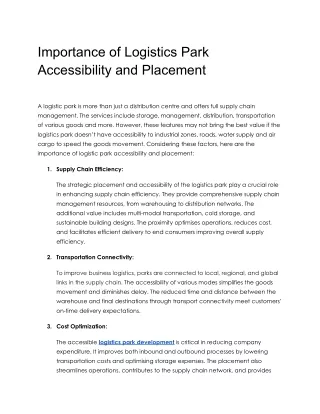 Importance of Logistics Park Accessibility and Placement