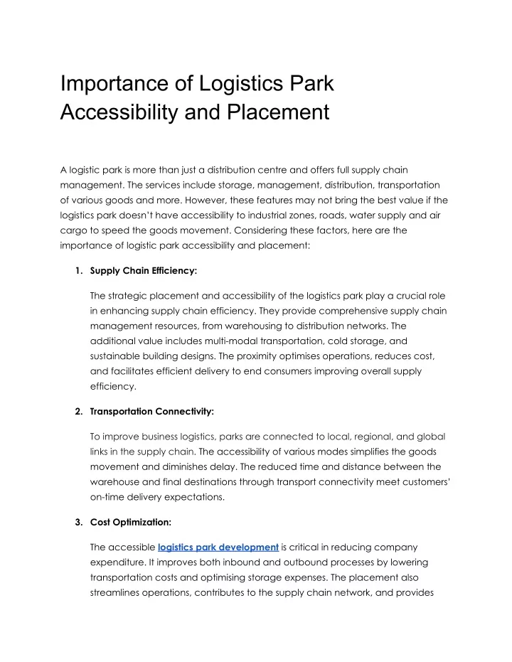 importance of logistics park accessibility