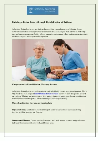 Building a Better Future through Rehabilitation at Bethany