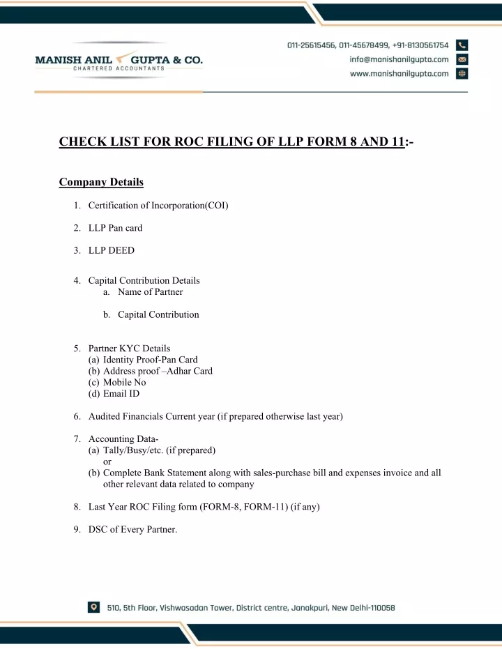 check list for roc filing of llp form 8 and 11
