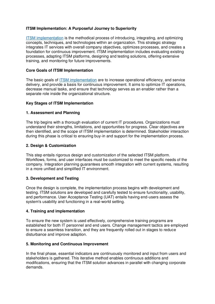 itsm implementation a purposeful journey