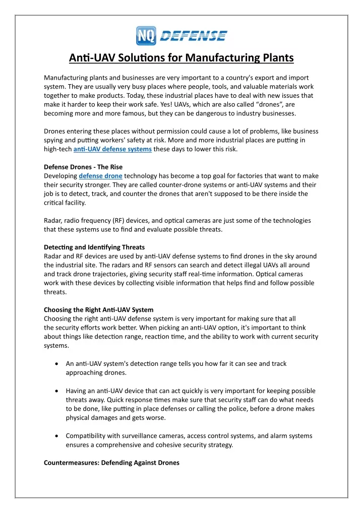 anti uav solutions for manufacturing plants
