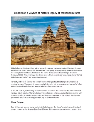 Embark on a voyage of historic legacy at Mahabalipuram!