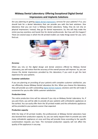 Midway Dental Laboratory Offering Exceptional Digital Dental Impressions and Implants Solutions