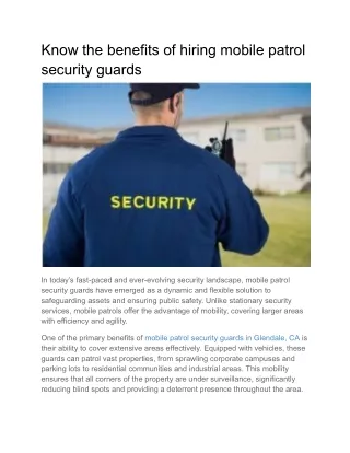 Know the benefits of hiring mobile patrol security guards