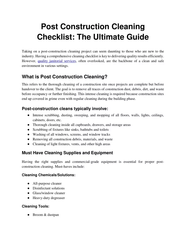 post construction cleaning checklist the ultimate