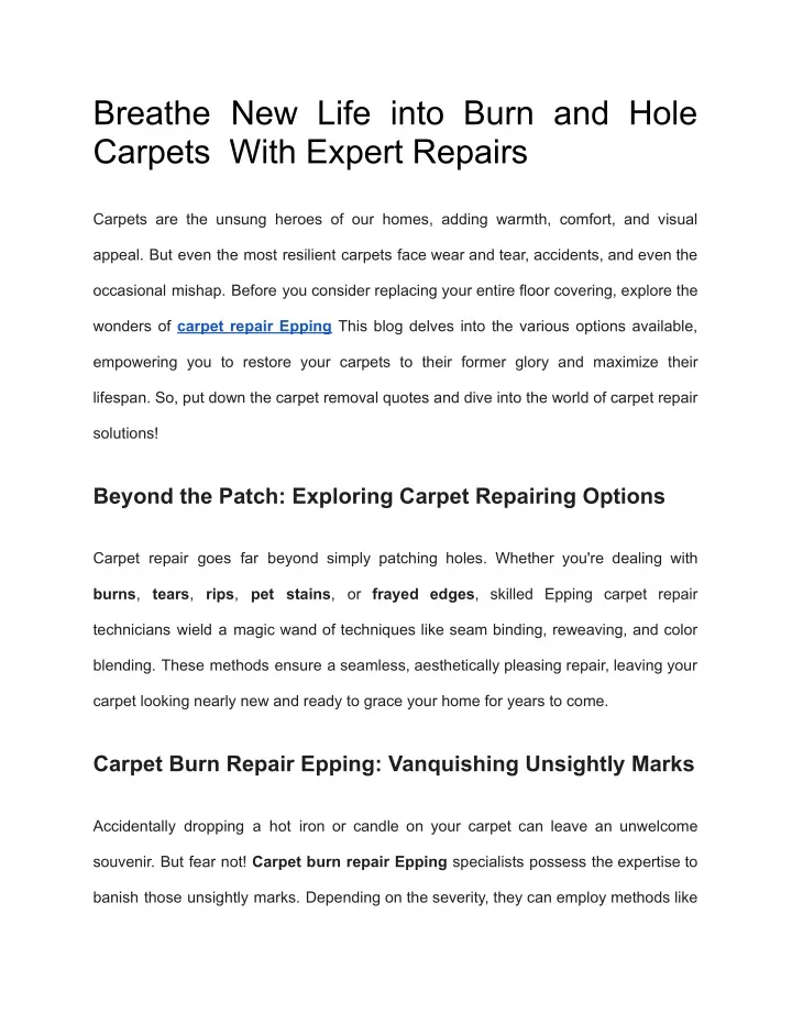 breathe new life into burn and hole carpets with