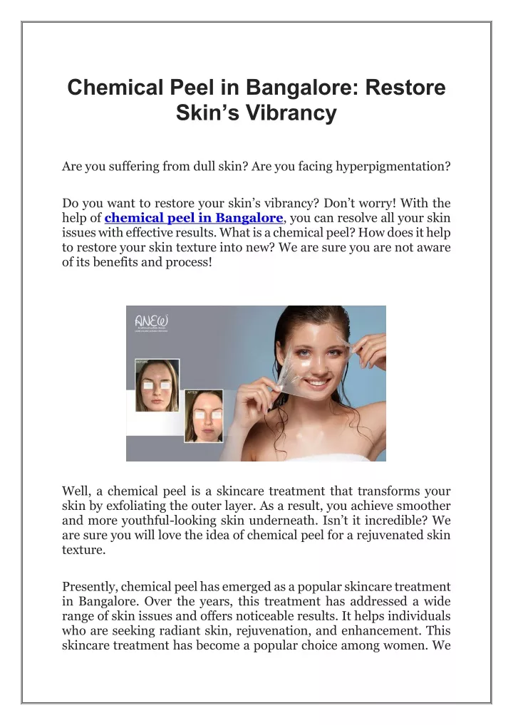 chemical peel in bangalore restore skin s vibrancy
